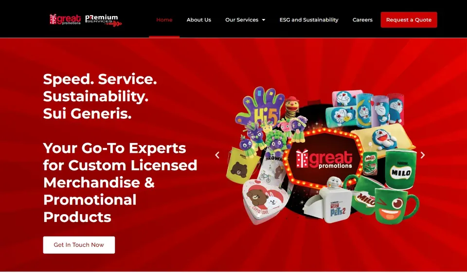 Great Promotions homepage hero on red, introducing custom licensed merchandise beside a cluster of branded products