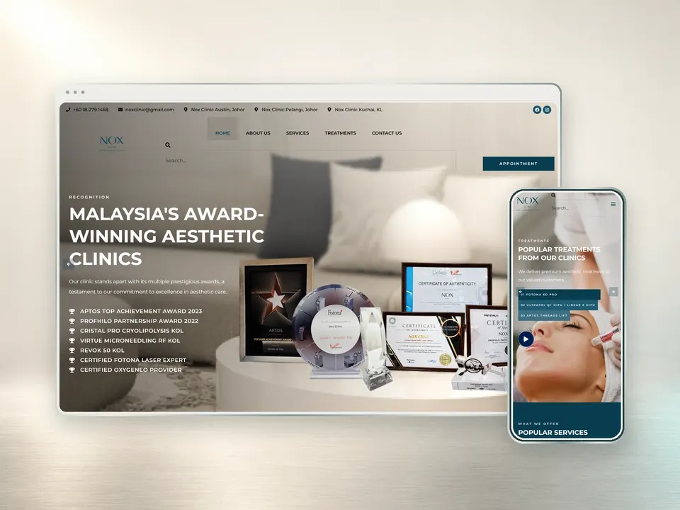 Nox Clinic website on a desktop and phone mockup, with the hero headline “Malaysia’s award-winning aesthetic clinics”