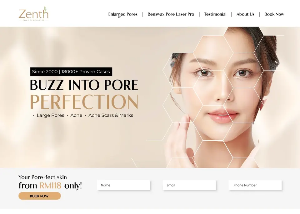 Zenth Pore Specialist landing page hero, “Buzz into pore perfection”, with the booking bar below it